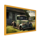 Green Old Truck At The Barn - Car Old American Canvas Wall Art