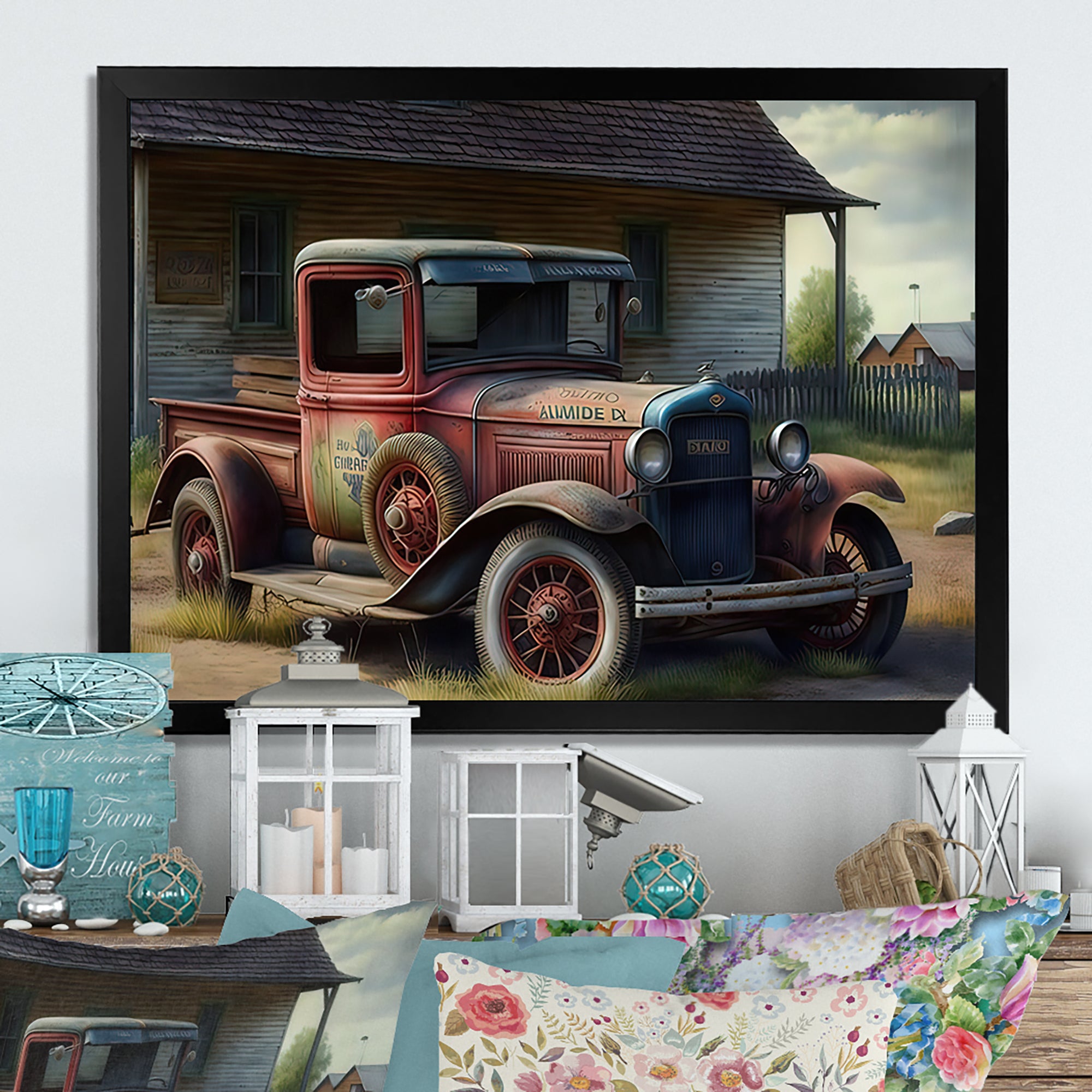 30s American Car At The Barn - Car Old American Canvas Wall Art