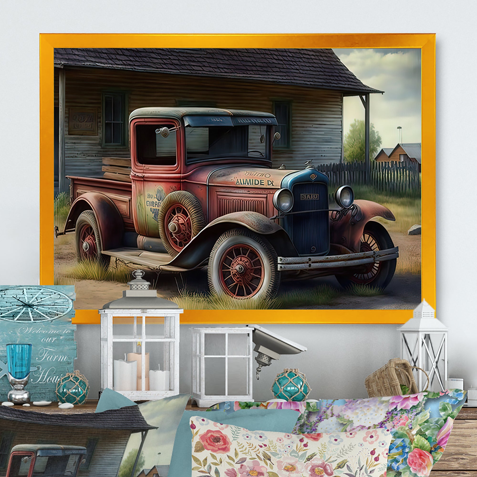 30s American Car At The Barn - Car Old American Canvas Wall Art