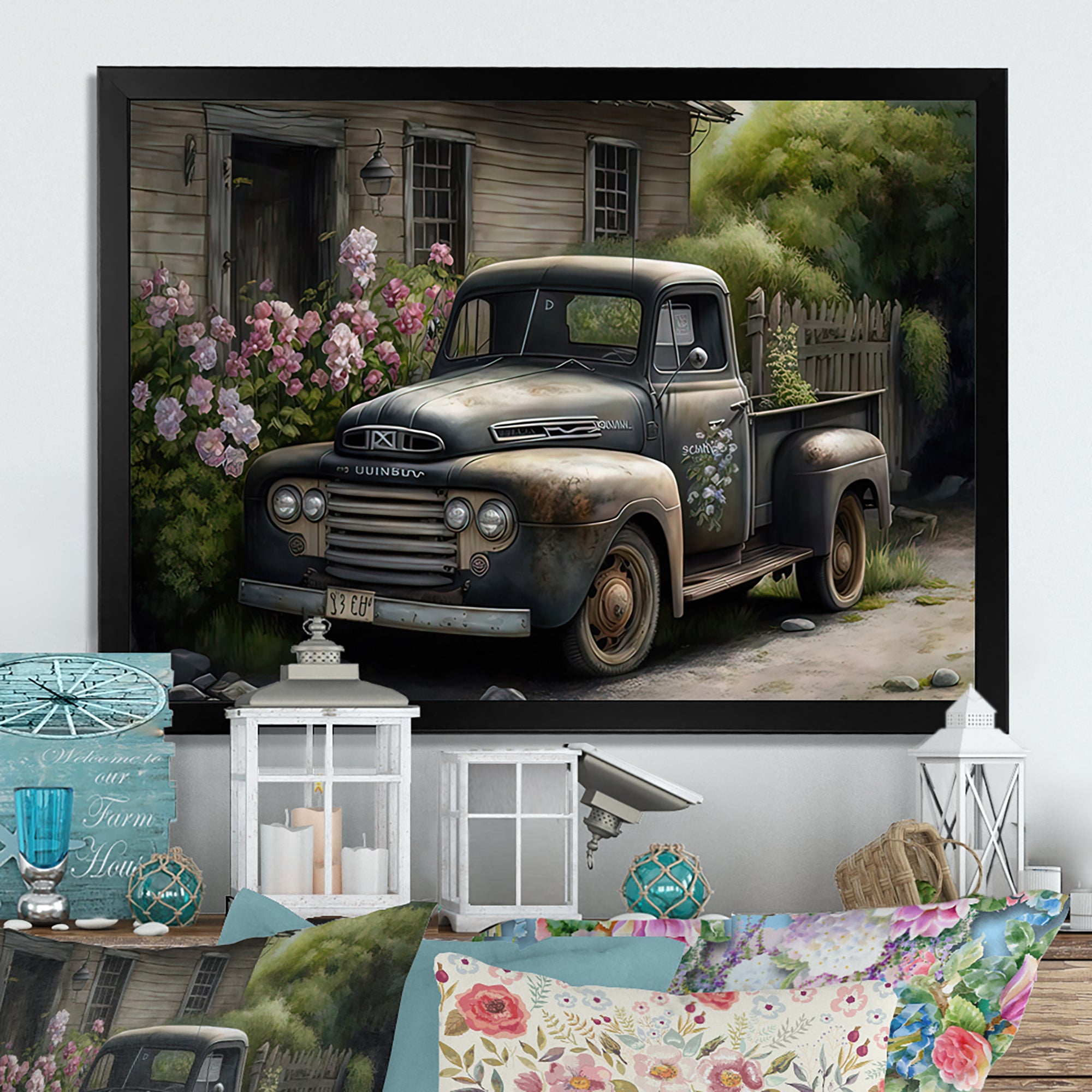 Vintage Car At The Barn - Car Old American Canvas Wall Art