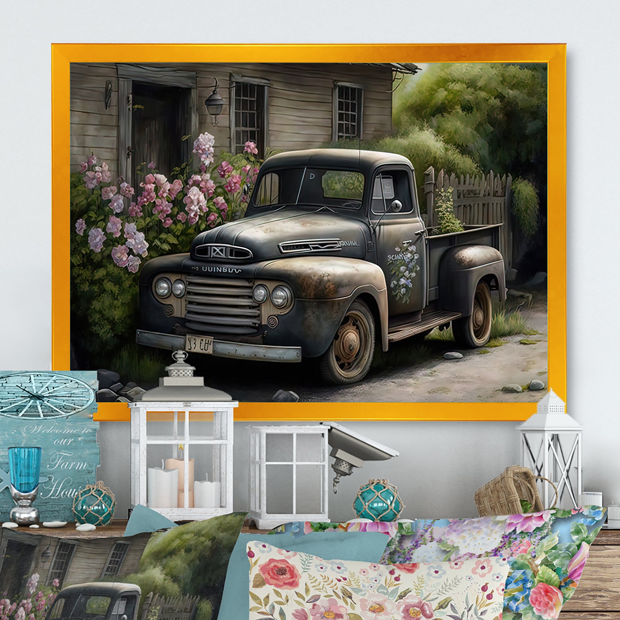 Vintage Car At The Barn - Car Old American Canvas Wall Art