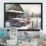 Old Truck At The Barn In Winter I - Pickup Truck Canvas Wall Art