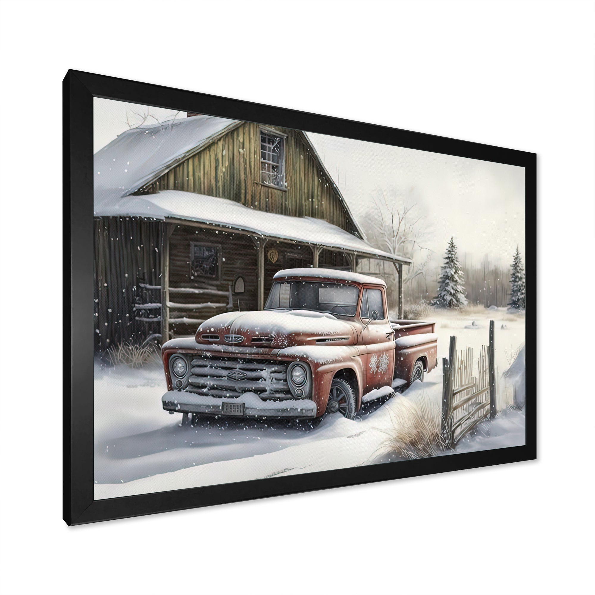 Old Truck At The Barn In Winter I - Pickup Truck Canvas Wall Art