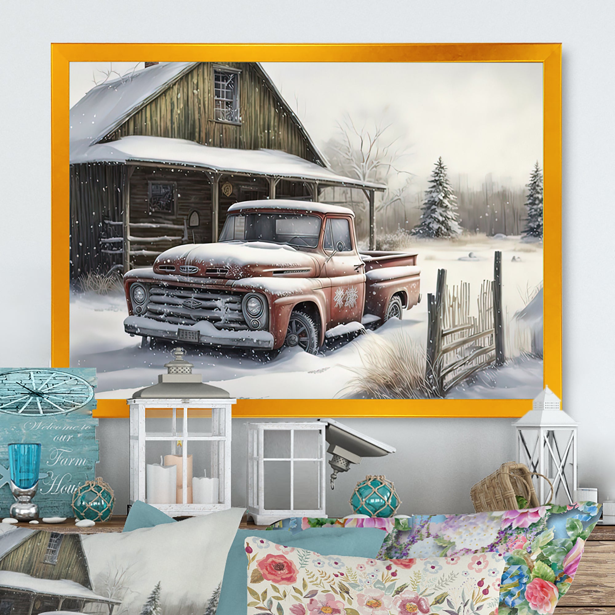 Old Truck At The Barn In Winter I - Pickup Truck Canvas Wall Art