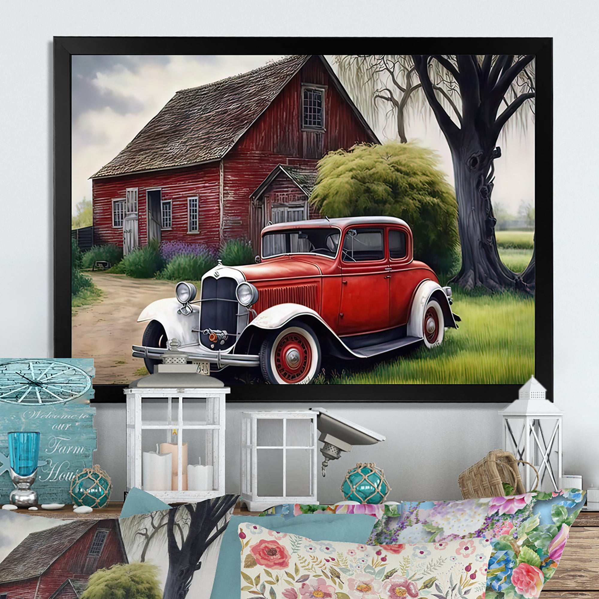 Old Vintage Car At The Barn - Car Old American Canvas Wall Art