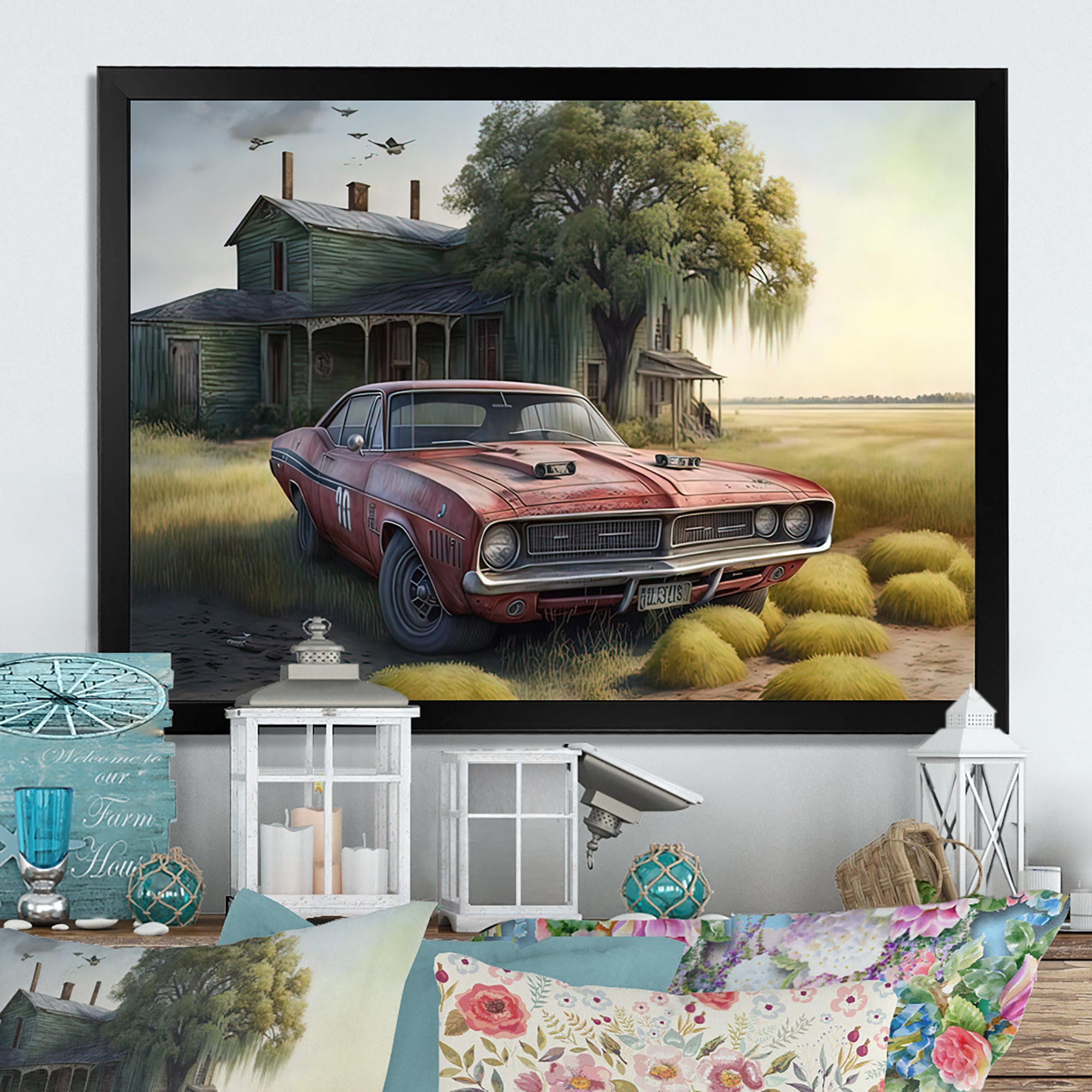Orange Muscle Car At The Barn - Car Old American Canvas Wall Art