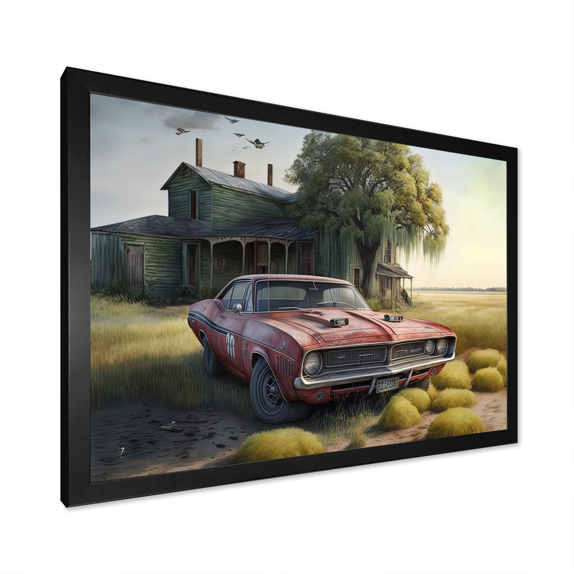 Orange Muscle Car At The Barn - Car Old American Canvas Wall Art