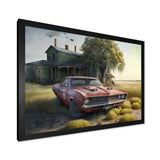 Orange Muscle Car At The Barn - Car Old American Canvas Wall Art
