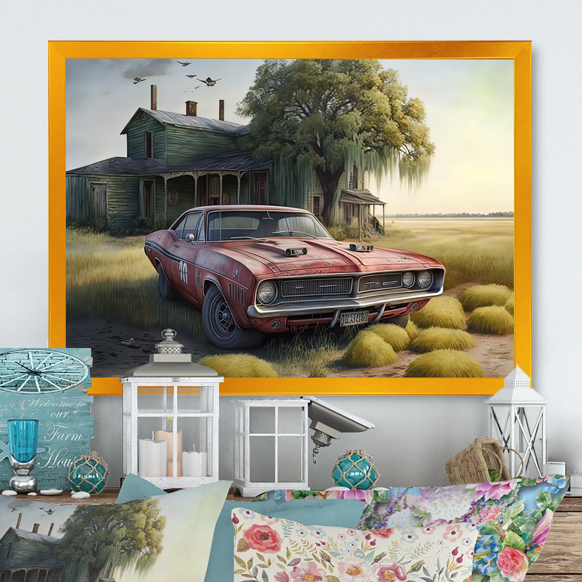 Orange Muscle Car At The Barn - Car Old American Canvas Wall Art