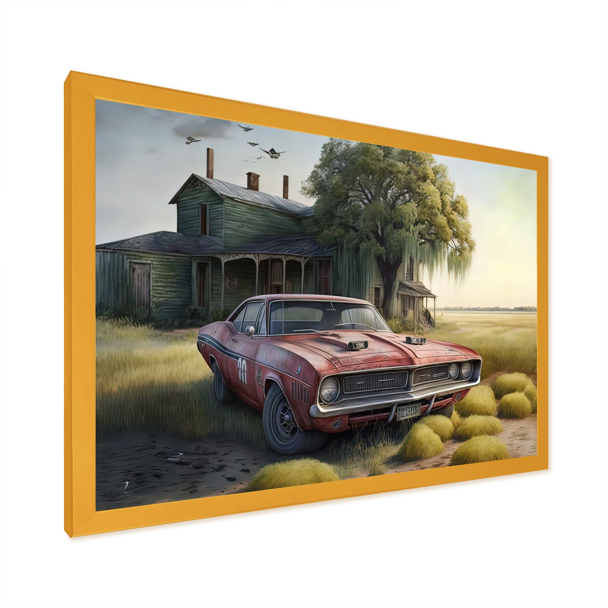 Orange Muscle Car At The Barn - Car Old American Canvas Wall Art