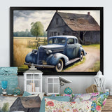 Old Blue Car At The Barn - Car Old American Canvas Wall Art