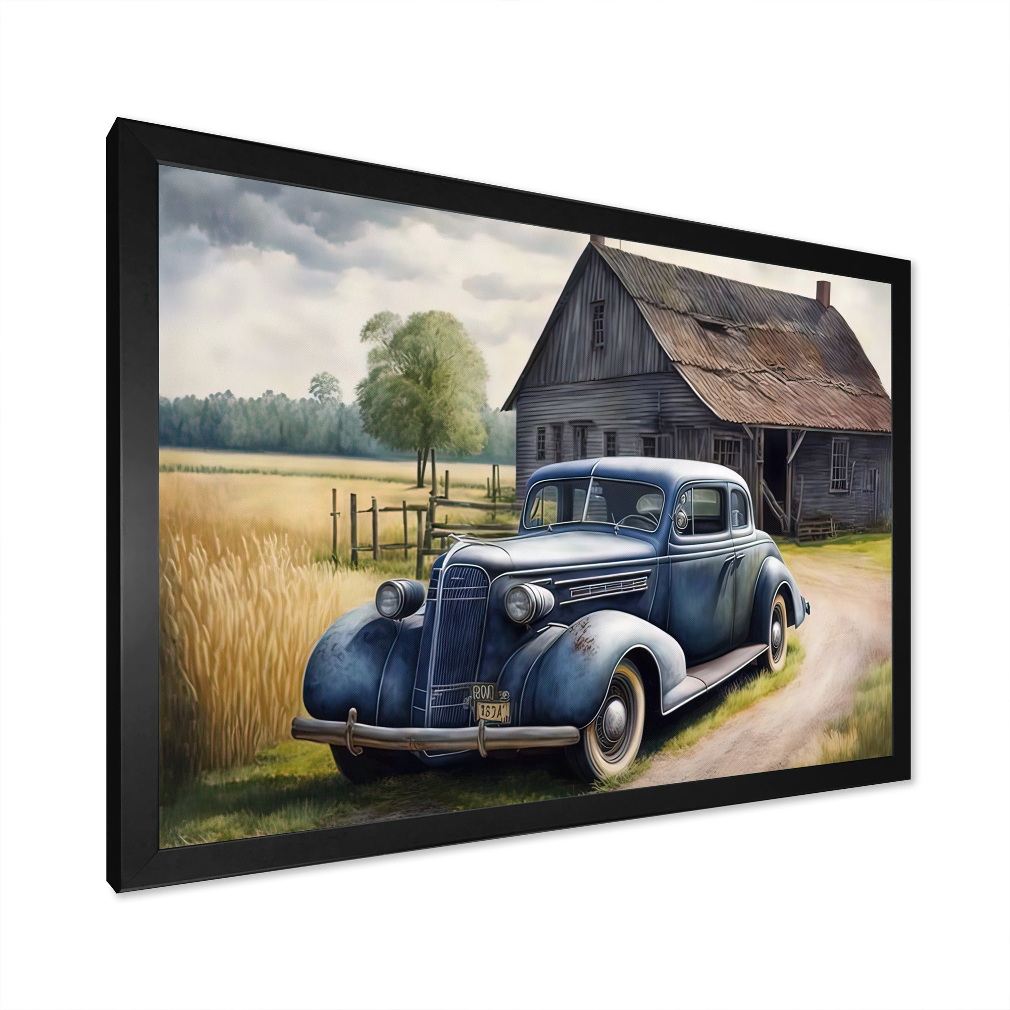 Old Blue Car At The Barn - Car Old American Canvas Wall Art