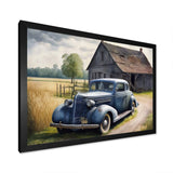 Old Blue Car At The Barn - Car Old American Canvas Wall Art