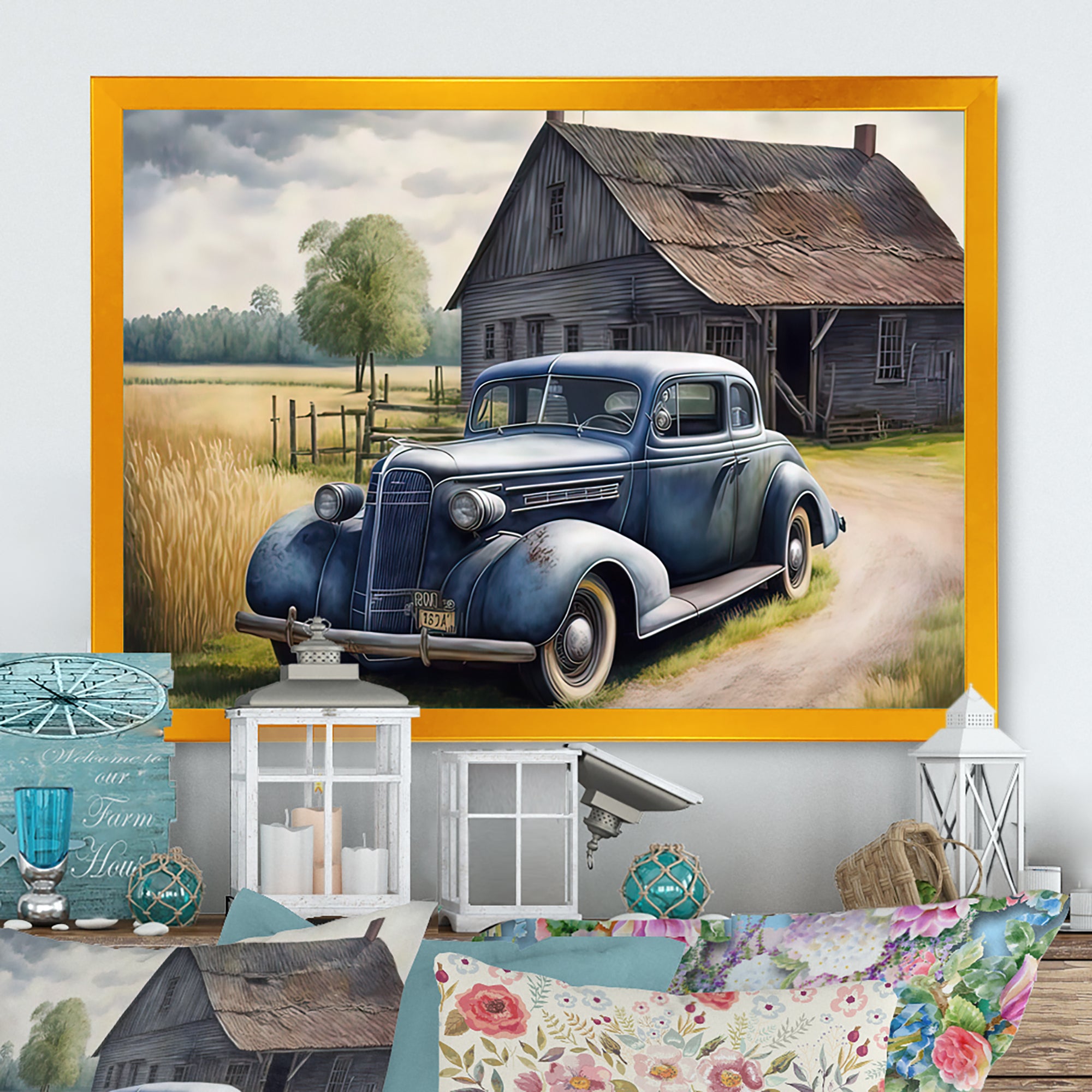 Old Blue Car At The Barn - Car Old American Canvas Wall Art