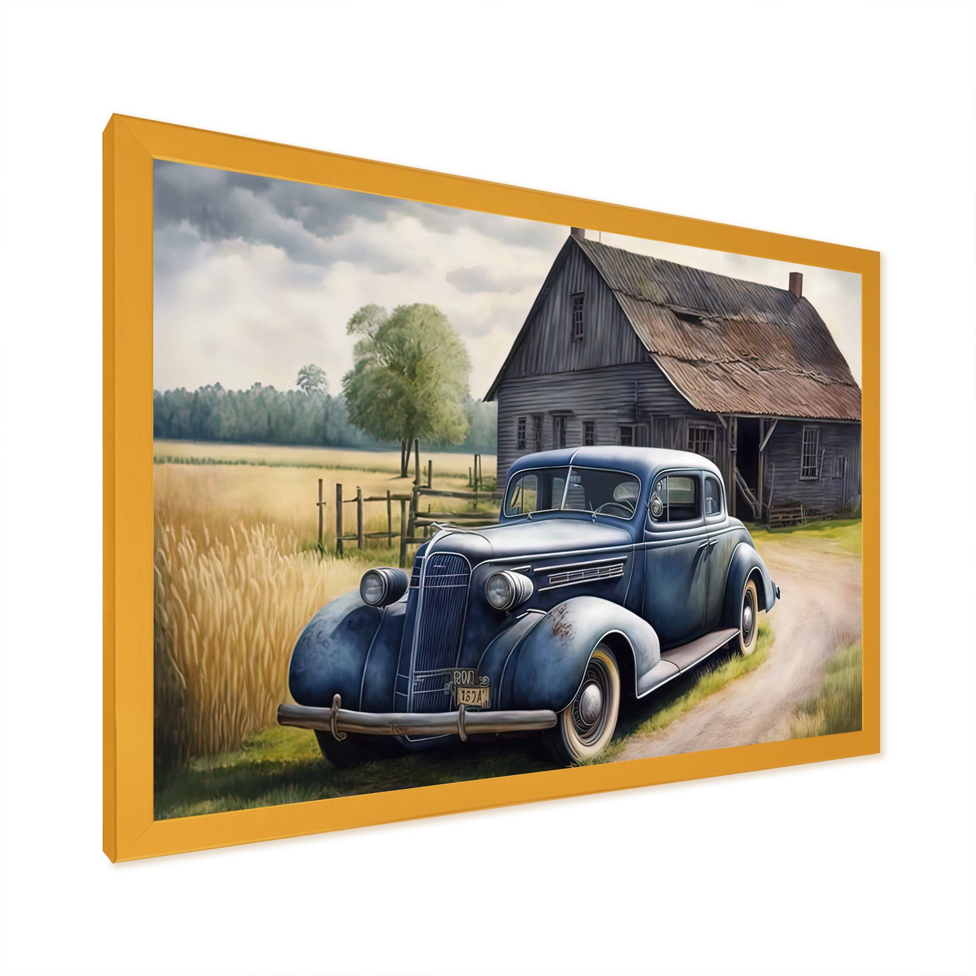 Old Blue Car At The Barn - Car Old American Canvas Wall Art