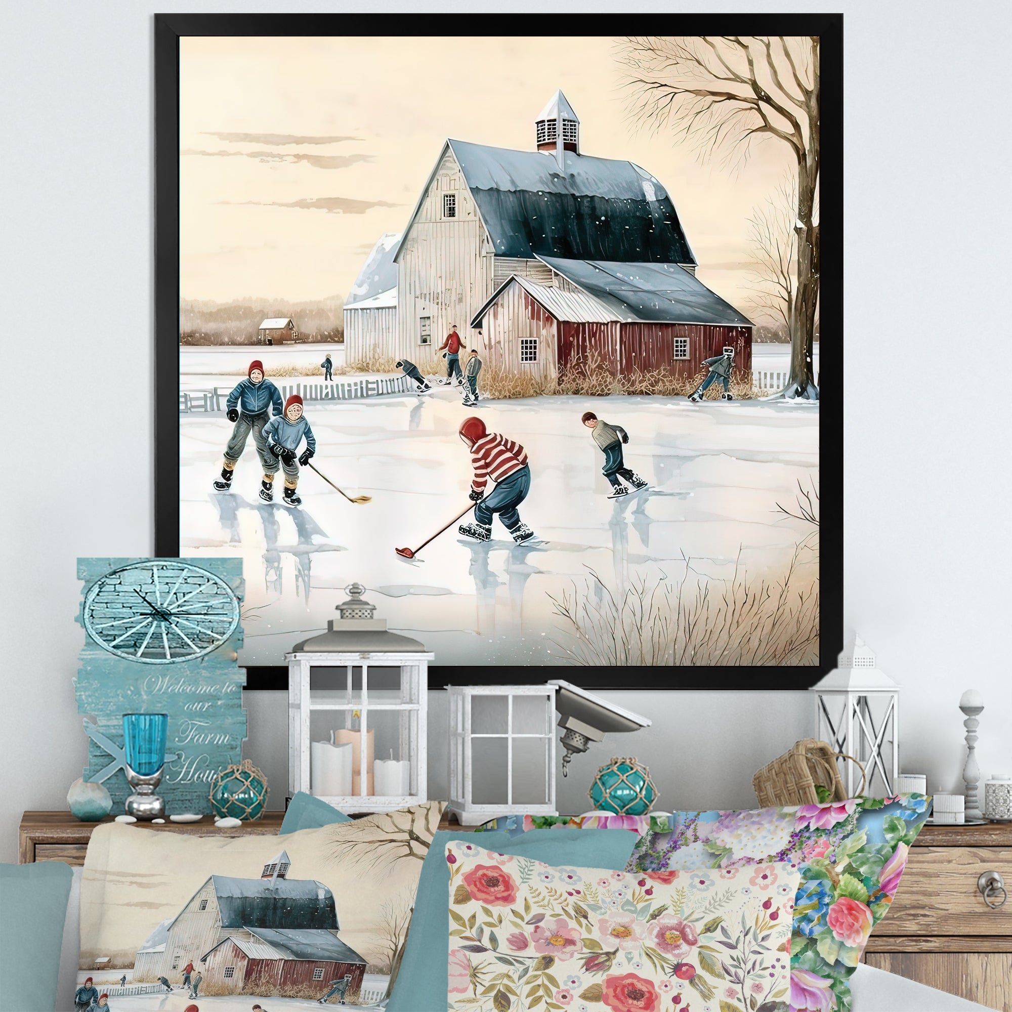 Kids Playing Hockey In Winter I - Sport Hockey Canvas Wall Art