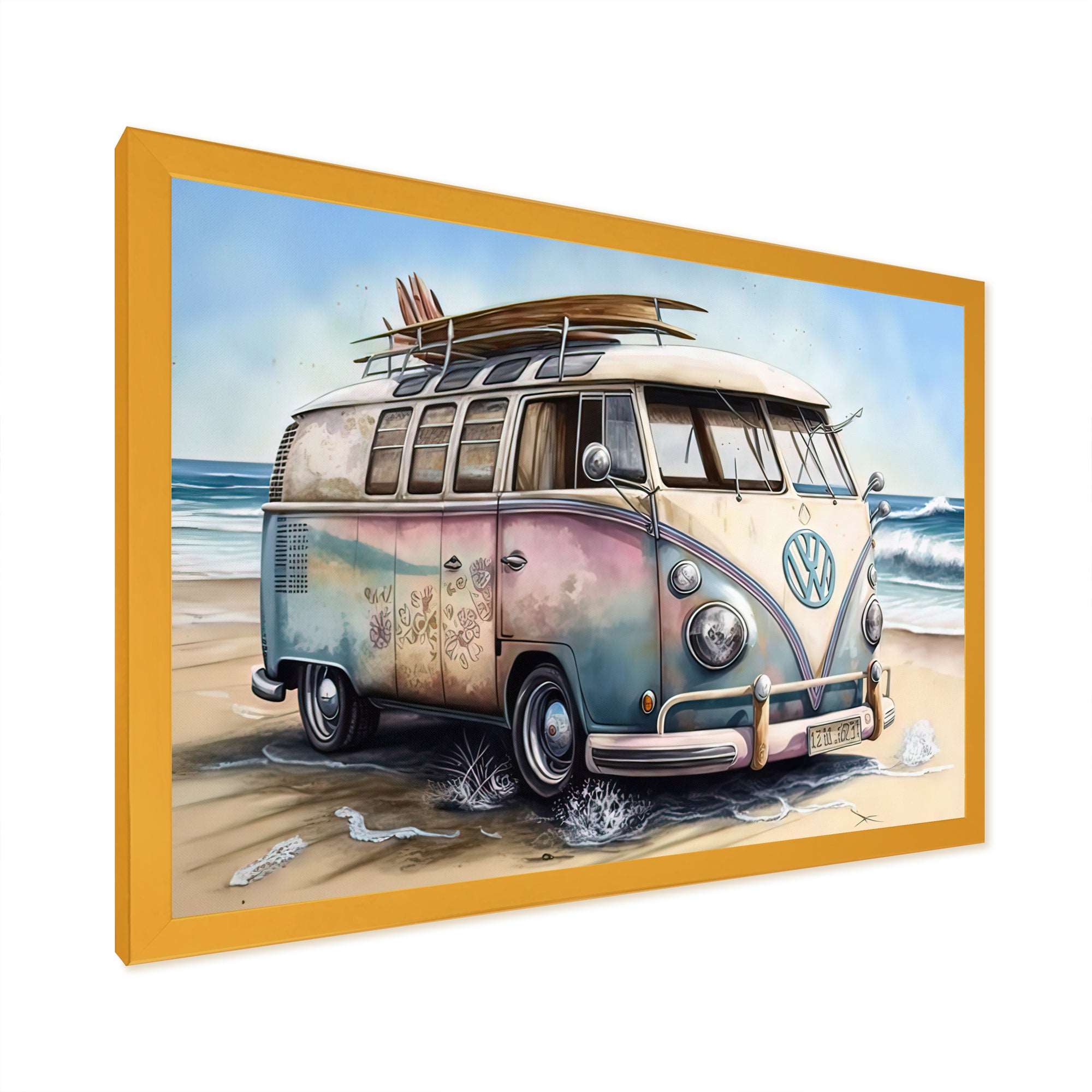 70S Surfing Van At The Beach I Framed Print Vibrant Gold - 1.5"Width
