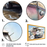70S Surfing Van At The Beach I Framed Print Vibrant Gold - 1.5"Width