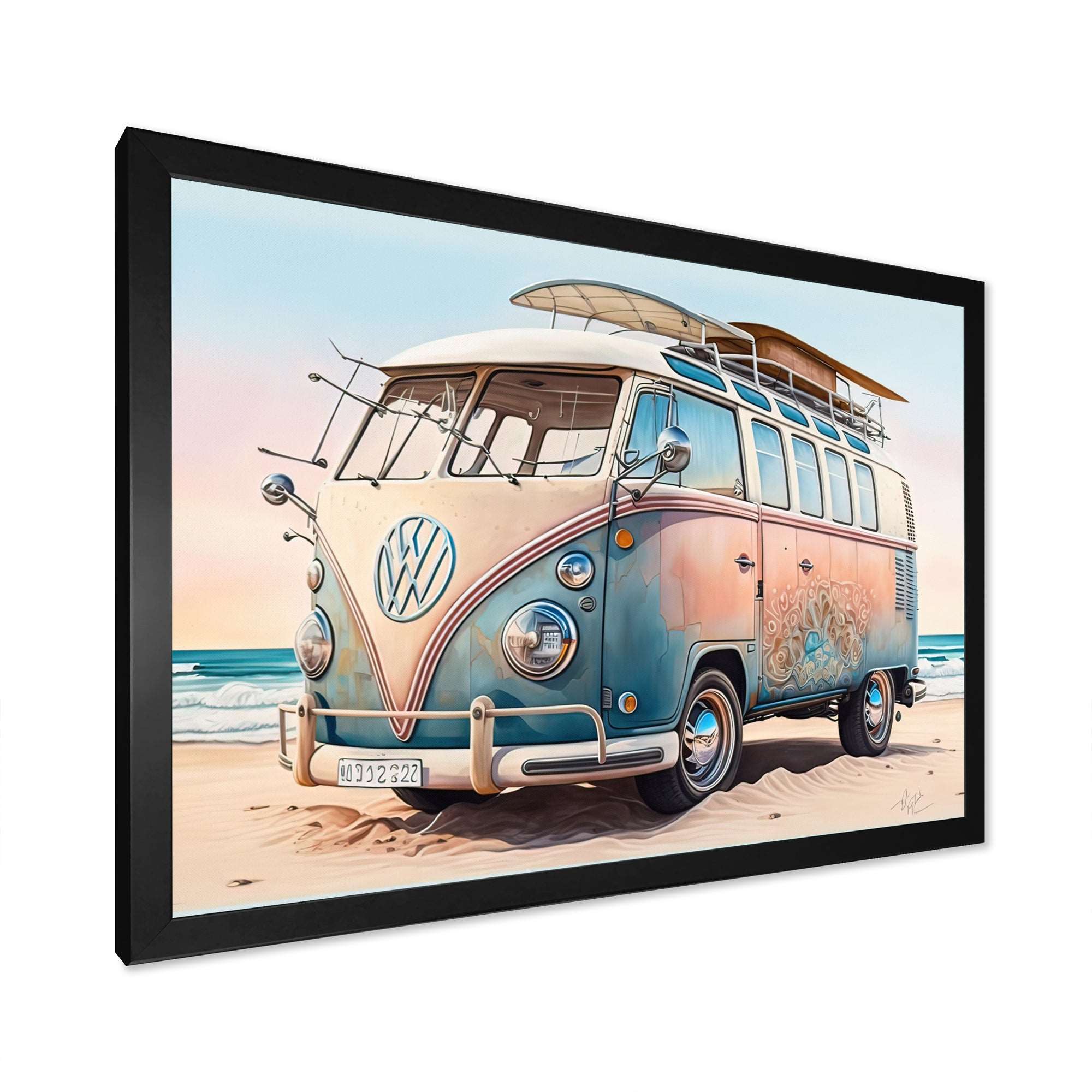 70S Surfing Van At The Beach II Framed Print Vibrant Black - 1.5"Width