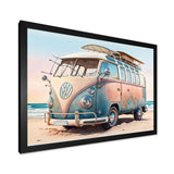 70S Surfing Van At The Beach II Framed Print Vibrant Black - 1.5"Width