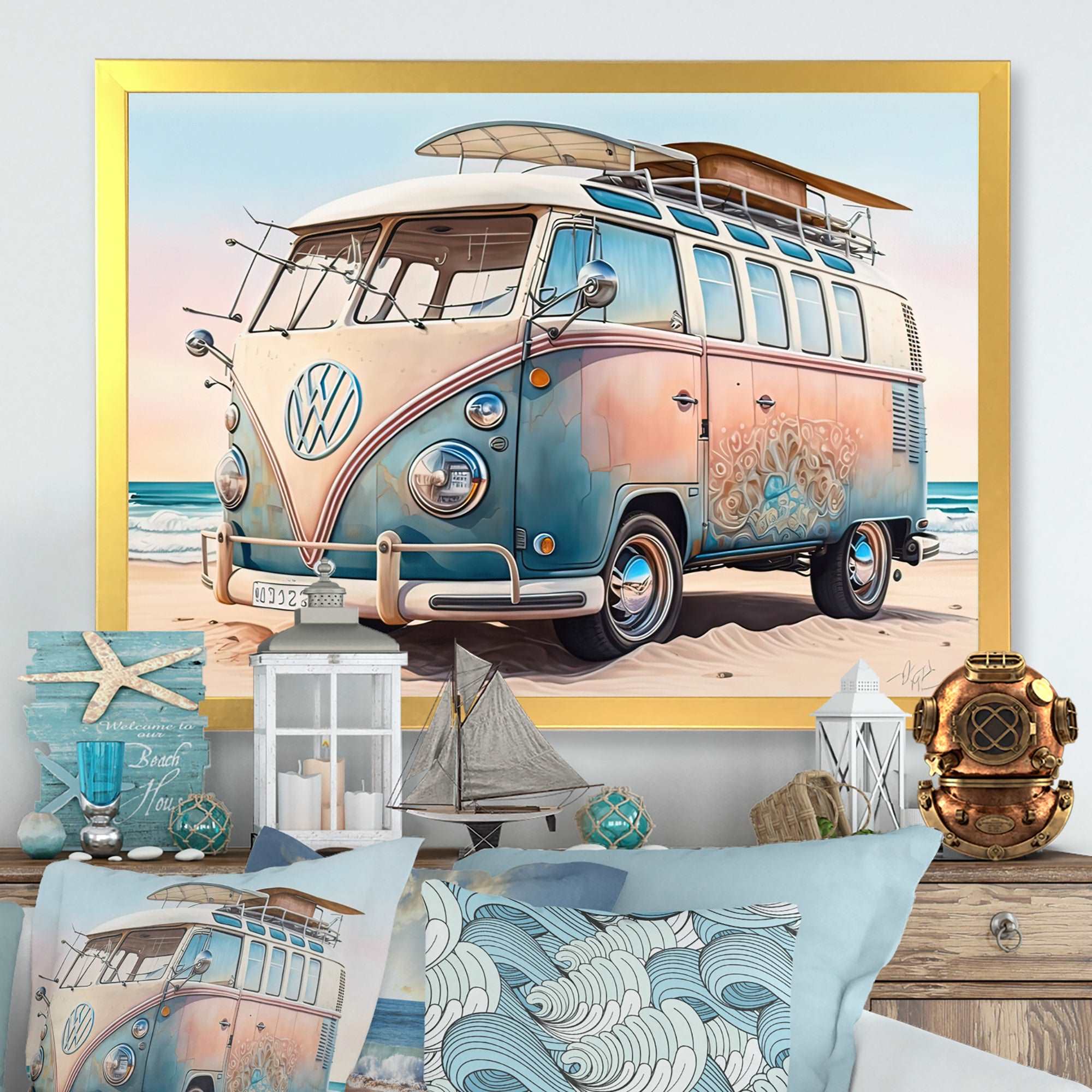 70S Surfing Van At The Beach II Framed Canvas Vibrant Black - 1.5"Thick