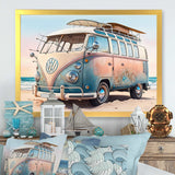 70S Surfing Van At The Beach II Framed Canvas Vibrant Black - 1.5"Thick