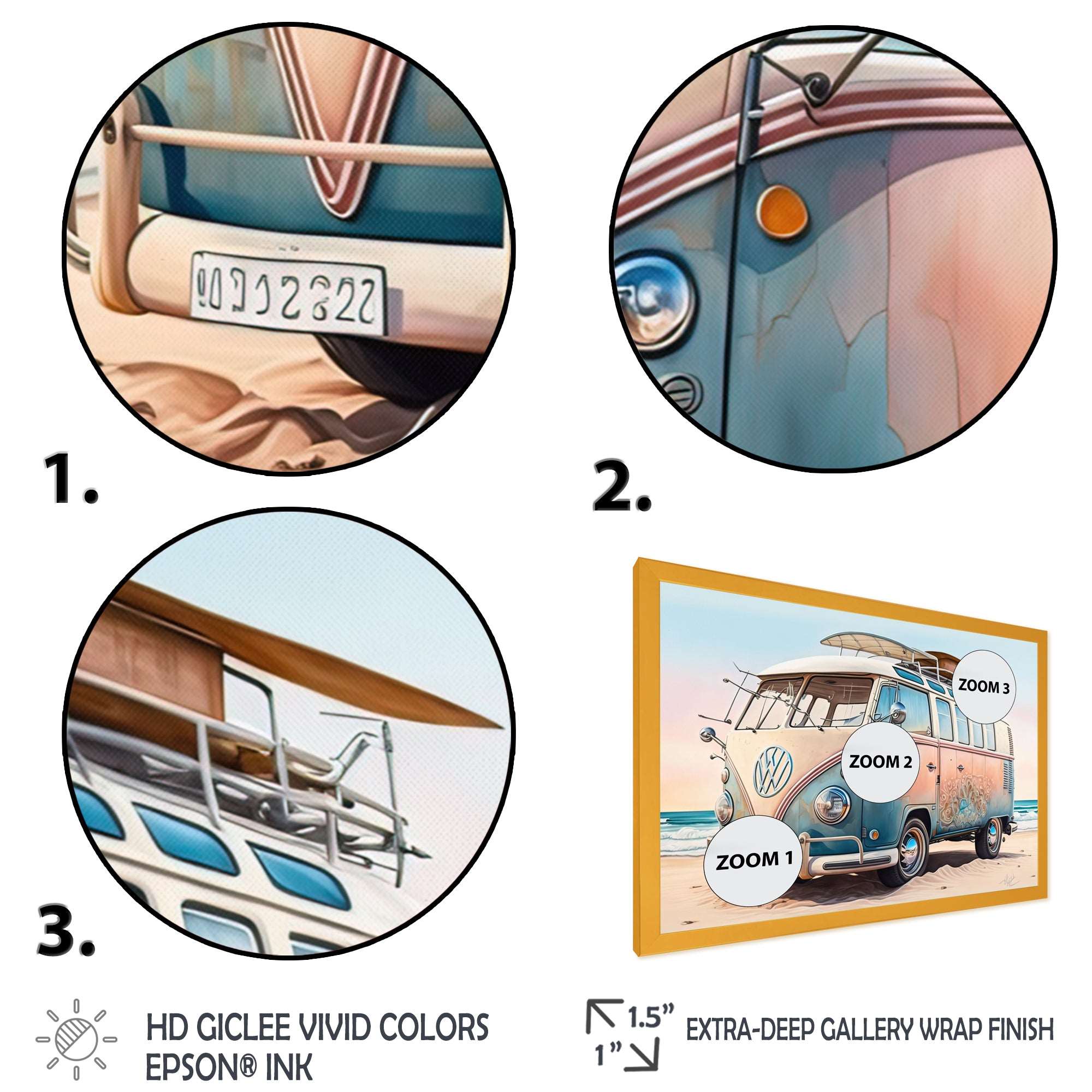 70S Surfing Van At The Beach II Framed Print Vibrant Gold - 1.5"Width