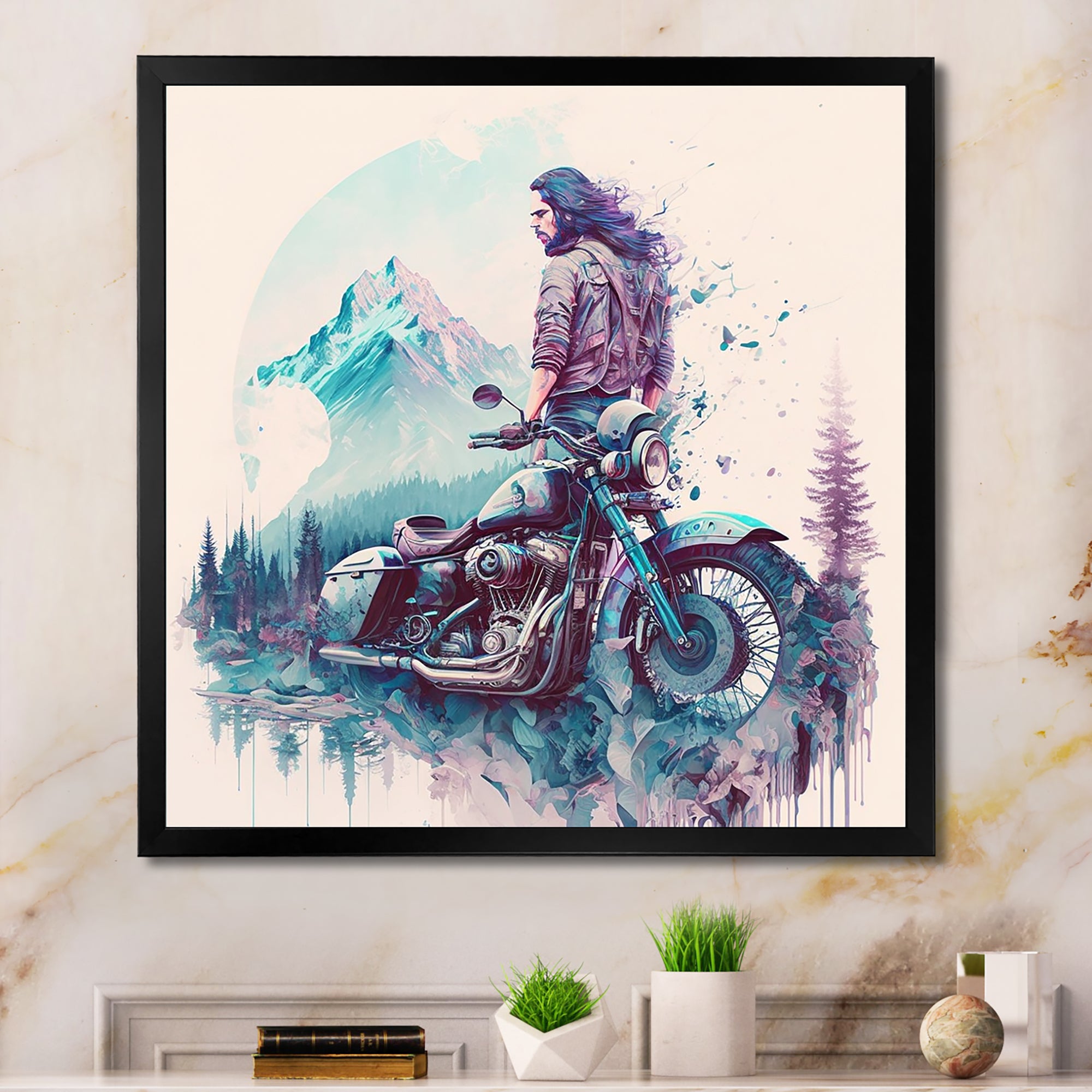 Man And His Motorcycle With Mountain Views - Motorcycle Canvas Wall Art
