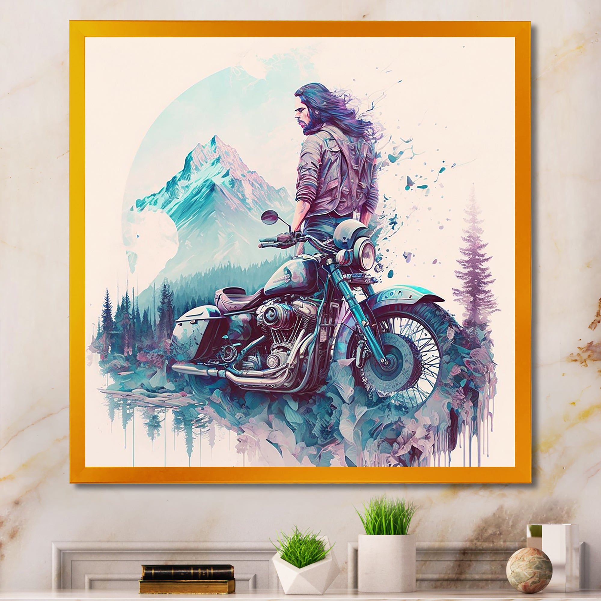 Man And His Motorcycle With Mountain Views - Motorcycle Canvas Wall Art