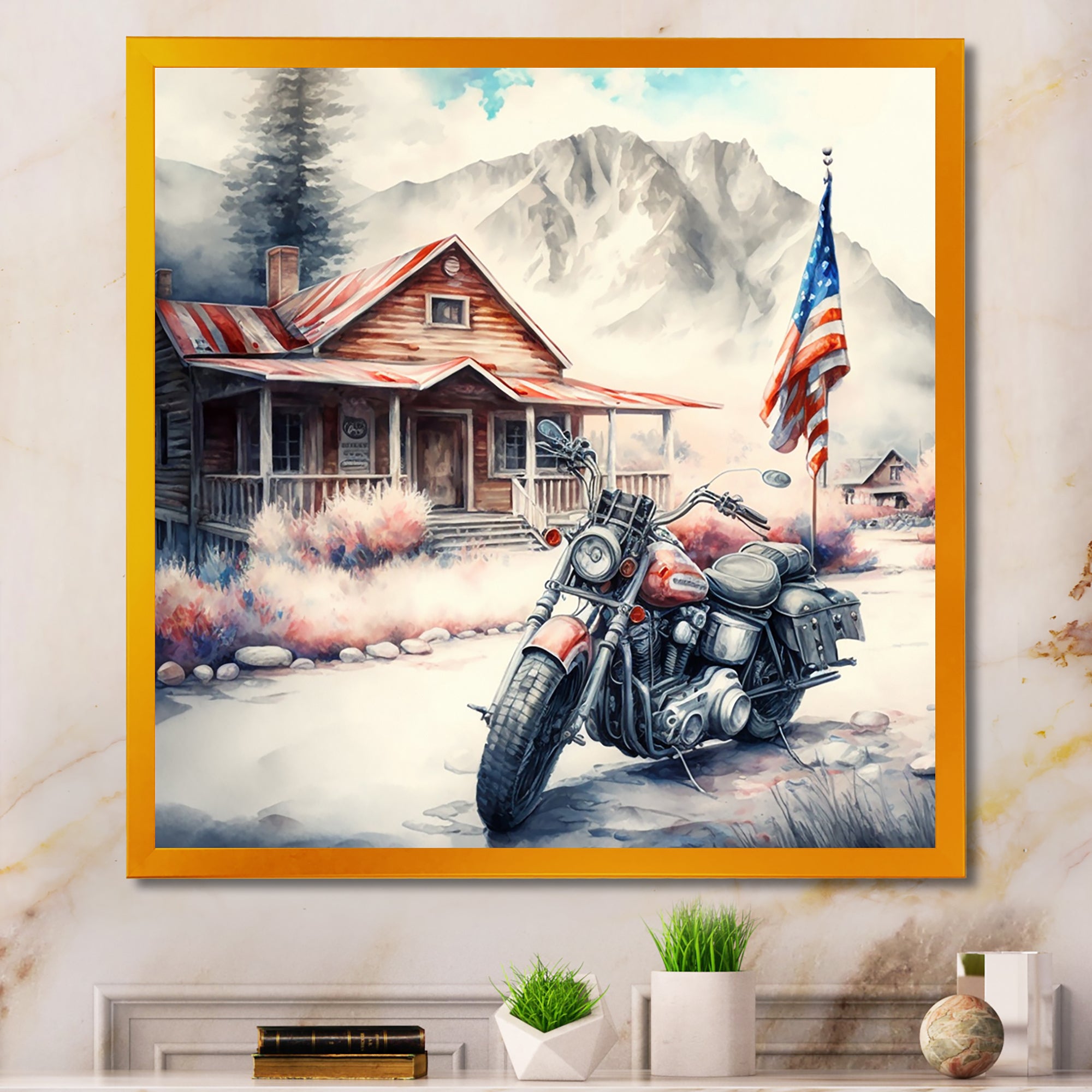 Motorcycle Parked At The Cabin I - Motorcycle Canvas Wall Art