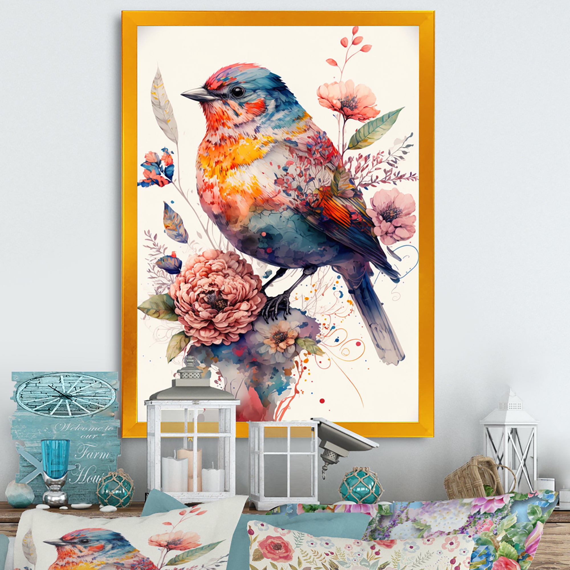 Cute Bird Floral Art - Bird Wall Decor