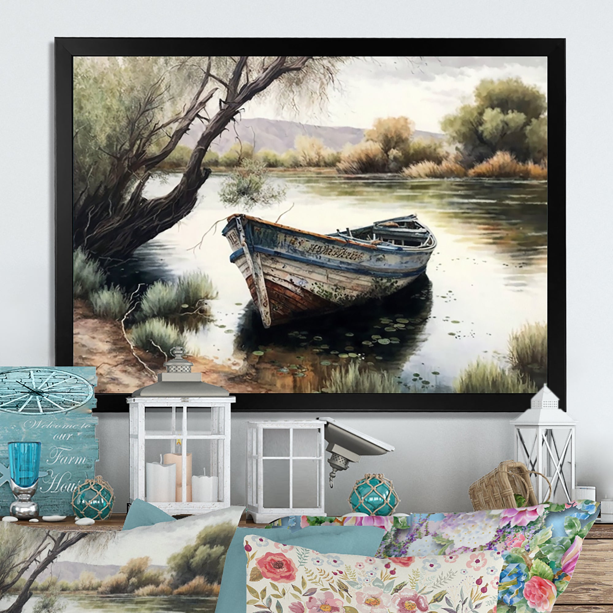 Fishing Boat In The River - Boat Fishing Canvas Wall Art