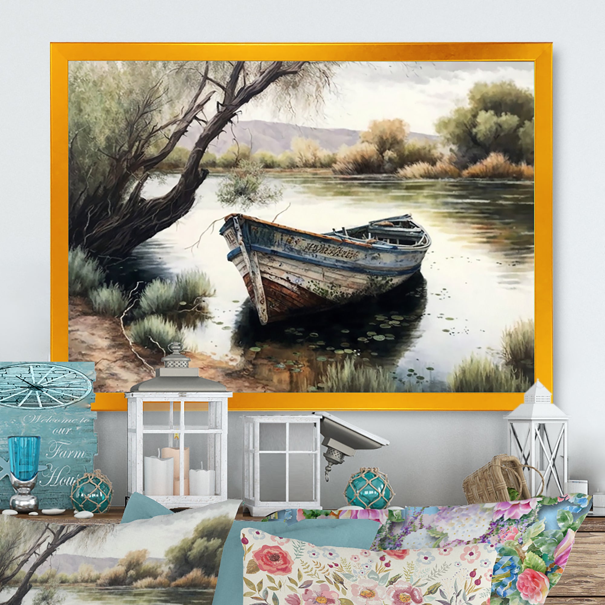 Fishing Boat In The River - Boat Fishing Canvas Wall Art