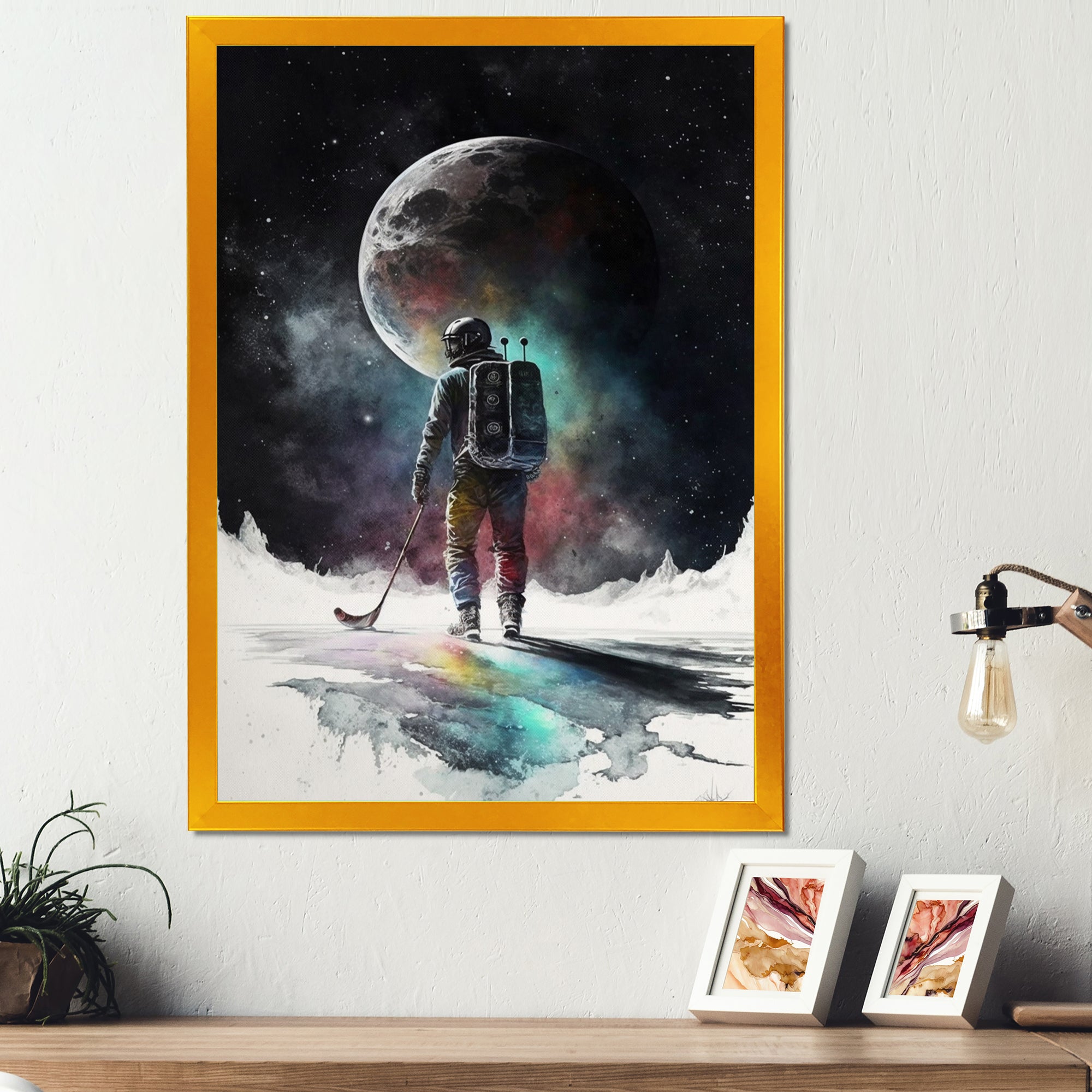 Hockey Player On The Moon - Sport Hockey Canvas Wall Art