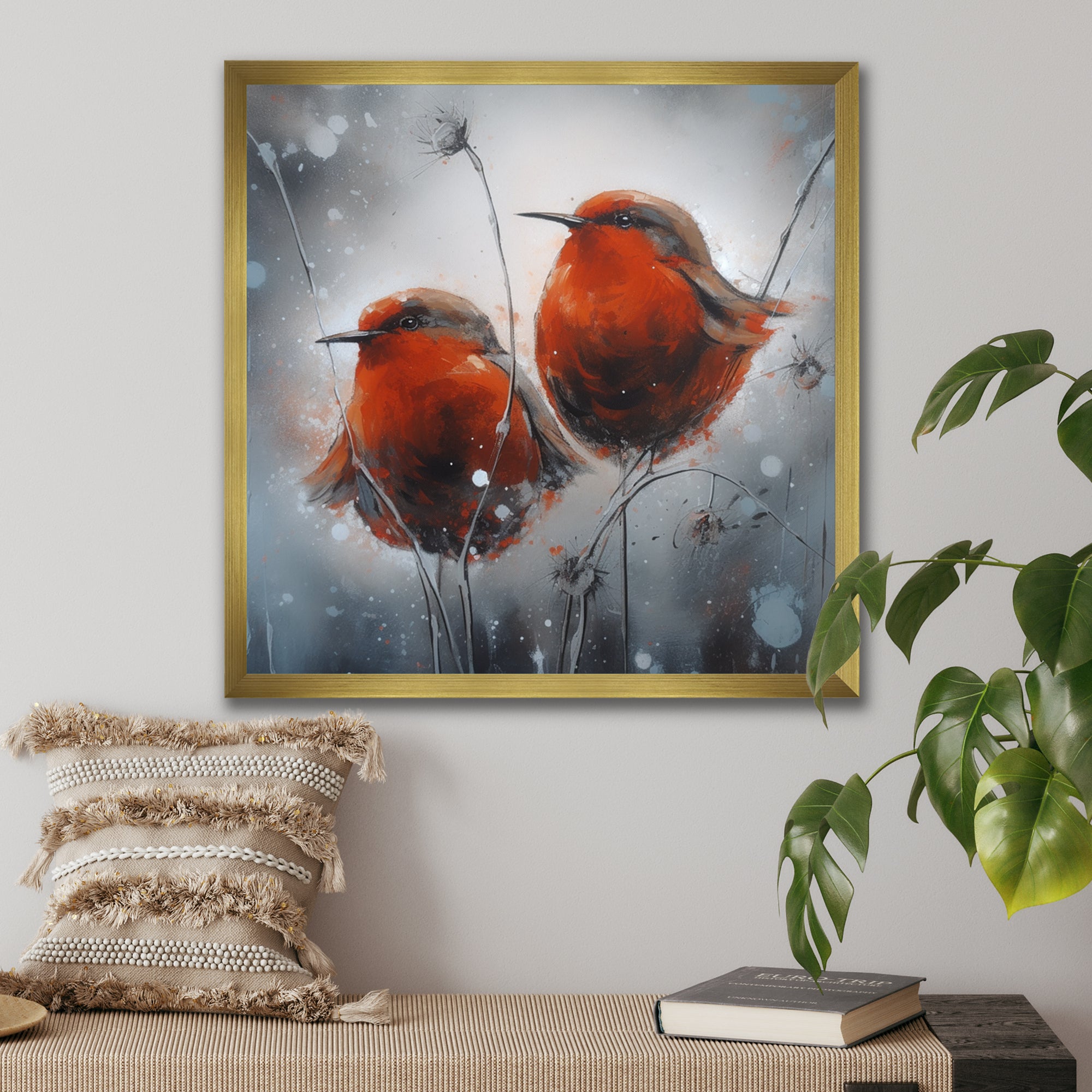 Two Red Birds Sitting On Branch - Bird Canvas Wall Art