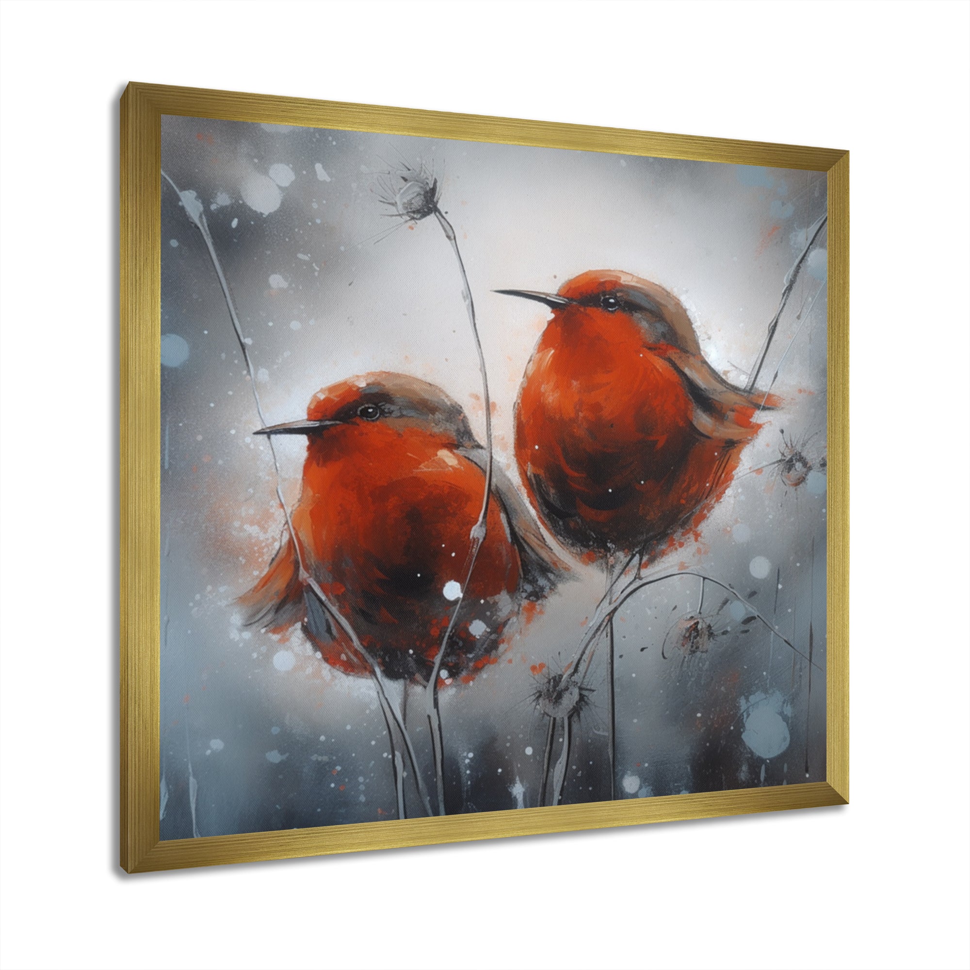 Two Red Birds Sitting On Branch - Bird Canvas Wall Art