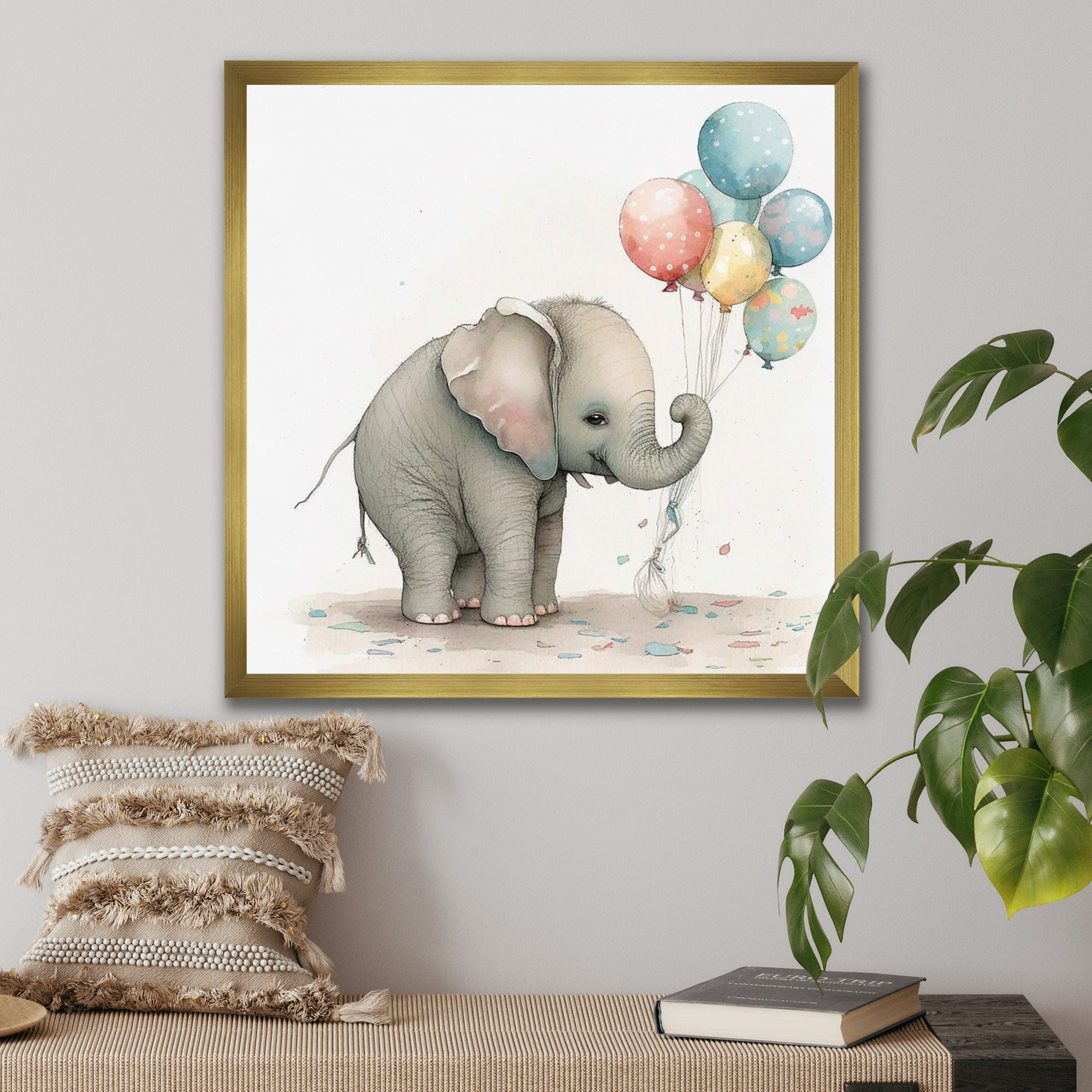 Grey Illustration Detailed Baby Elephant - Elephant Wall Decor