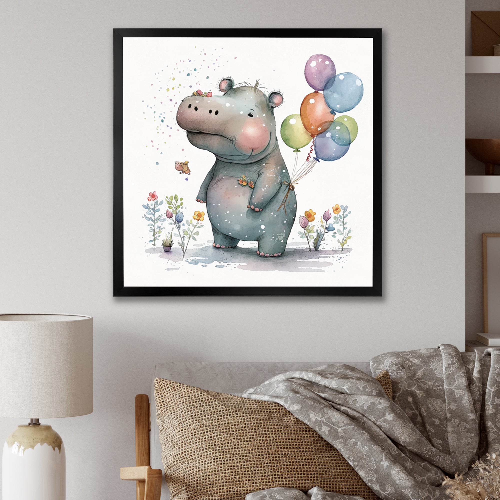 Grey Illustration Detailed Baby Hippo - Hippopotamus Wall Art Prints
