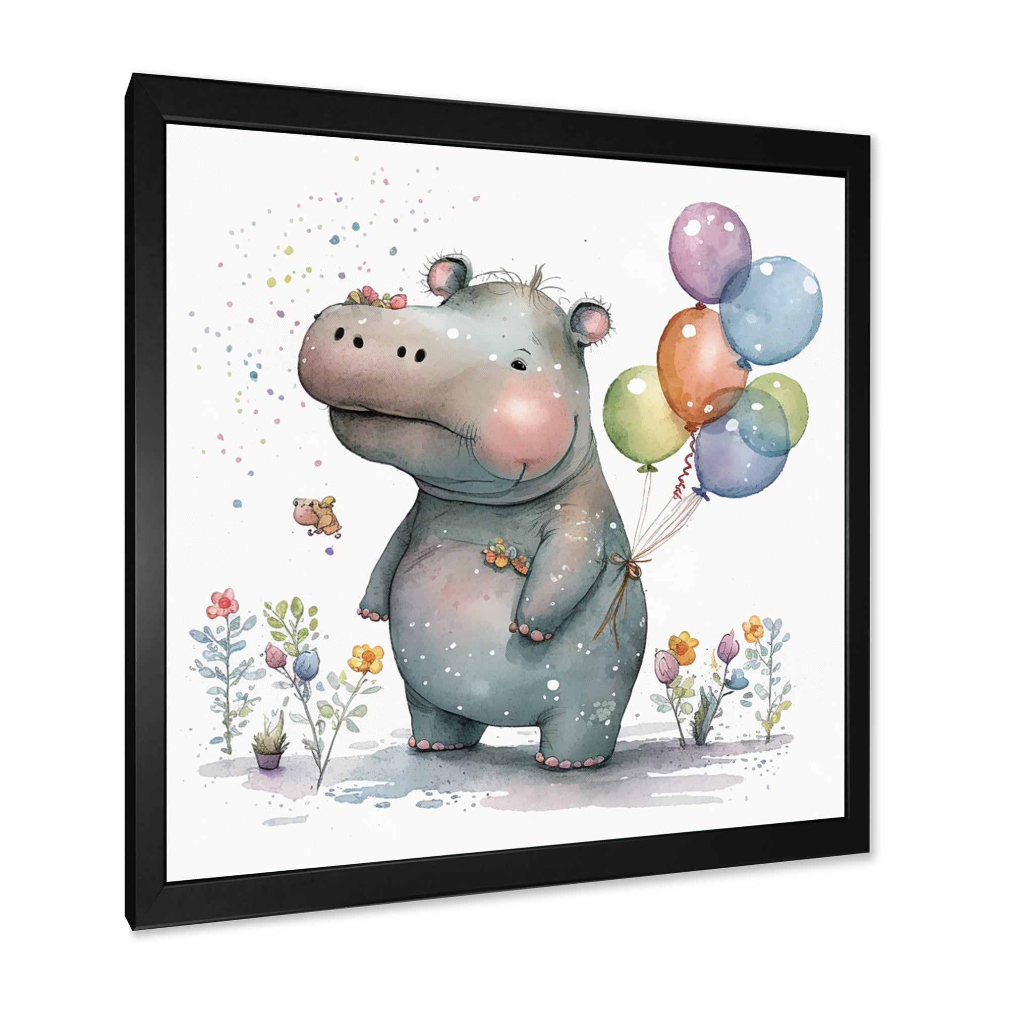 Grey Illustration Detailed Baby Hippo - Hippopotamus Wall Art Prints
