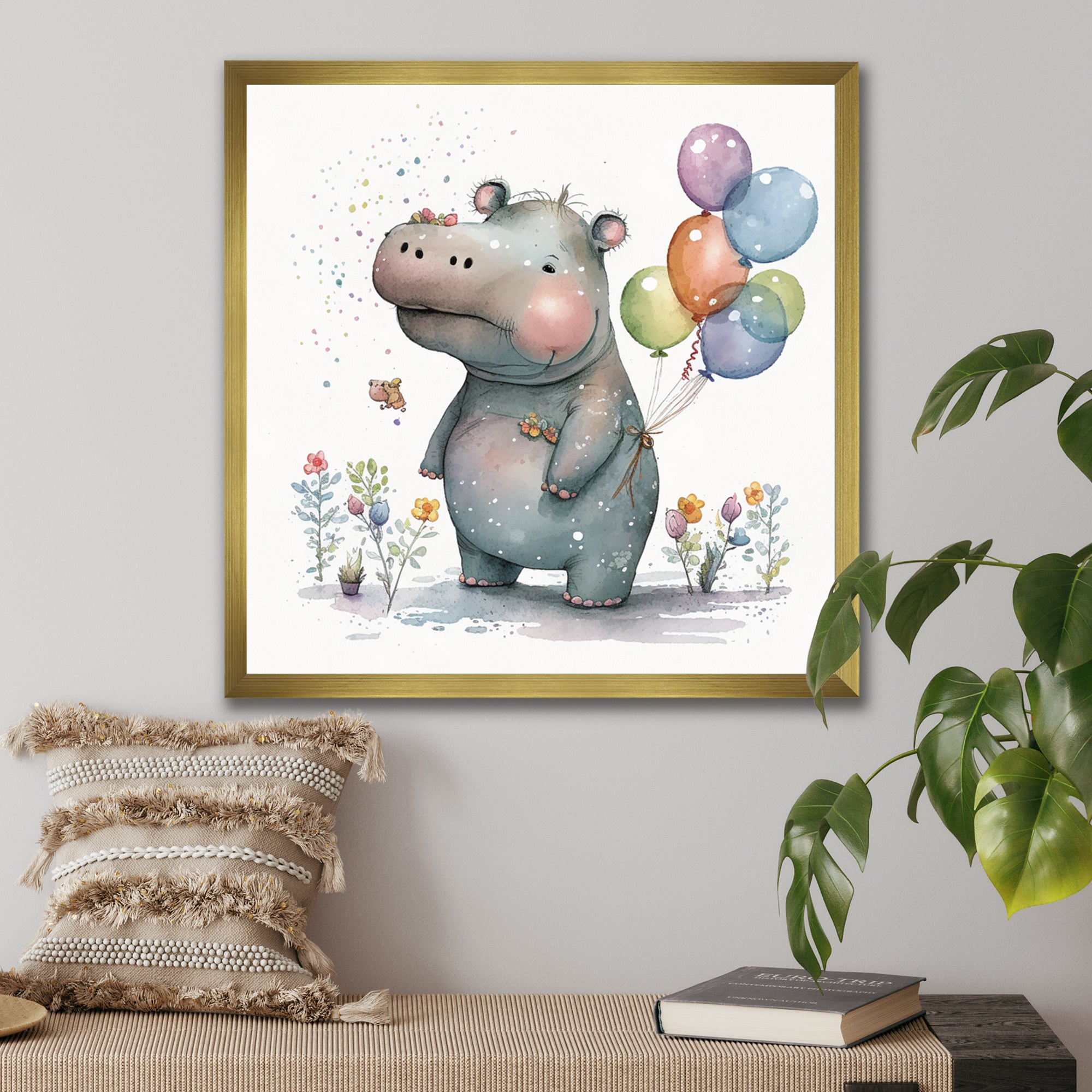 Grey Illustration Detailed Baby Hippo - Hippopotamus Wall Art Prints