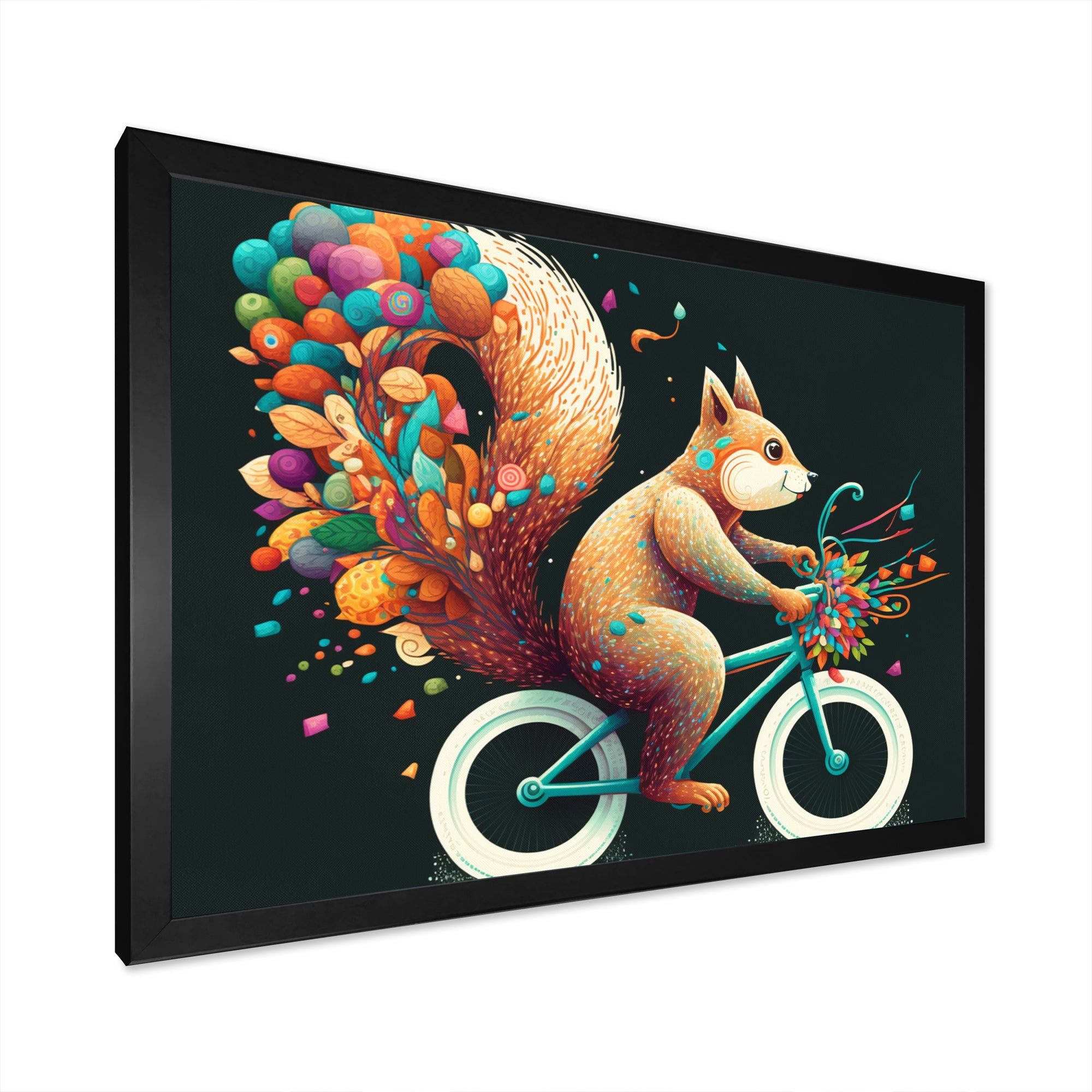 Colorful Squirrel Riding Bike - Squirrel Framed Canvas Art