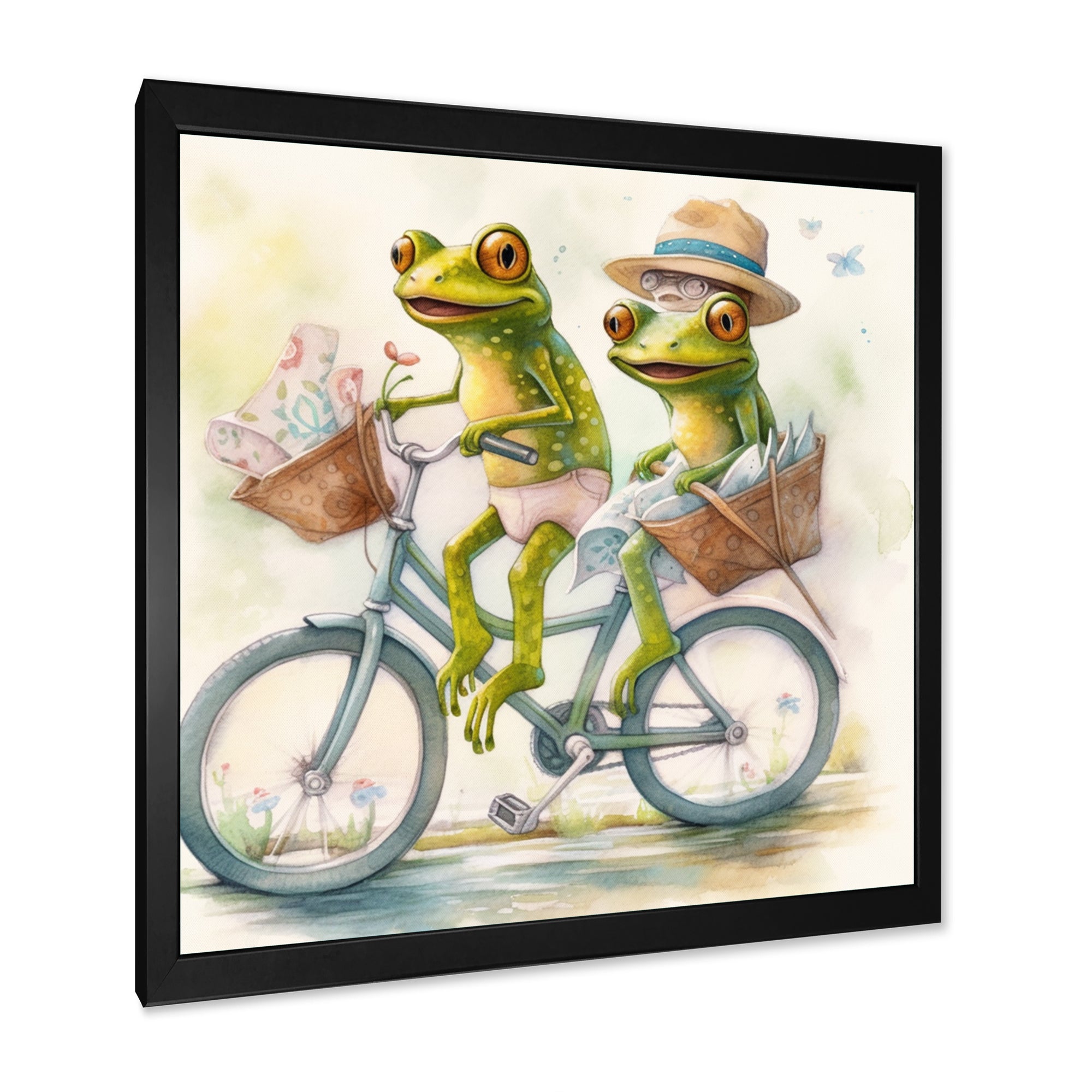 Green Frogs Riding A Bike - Frog Large Canvas Wall Art
