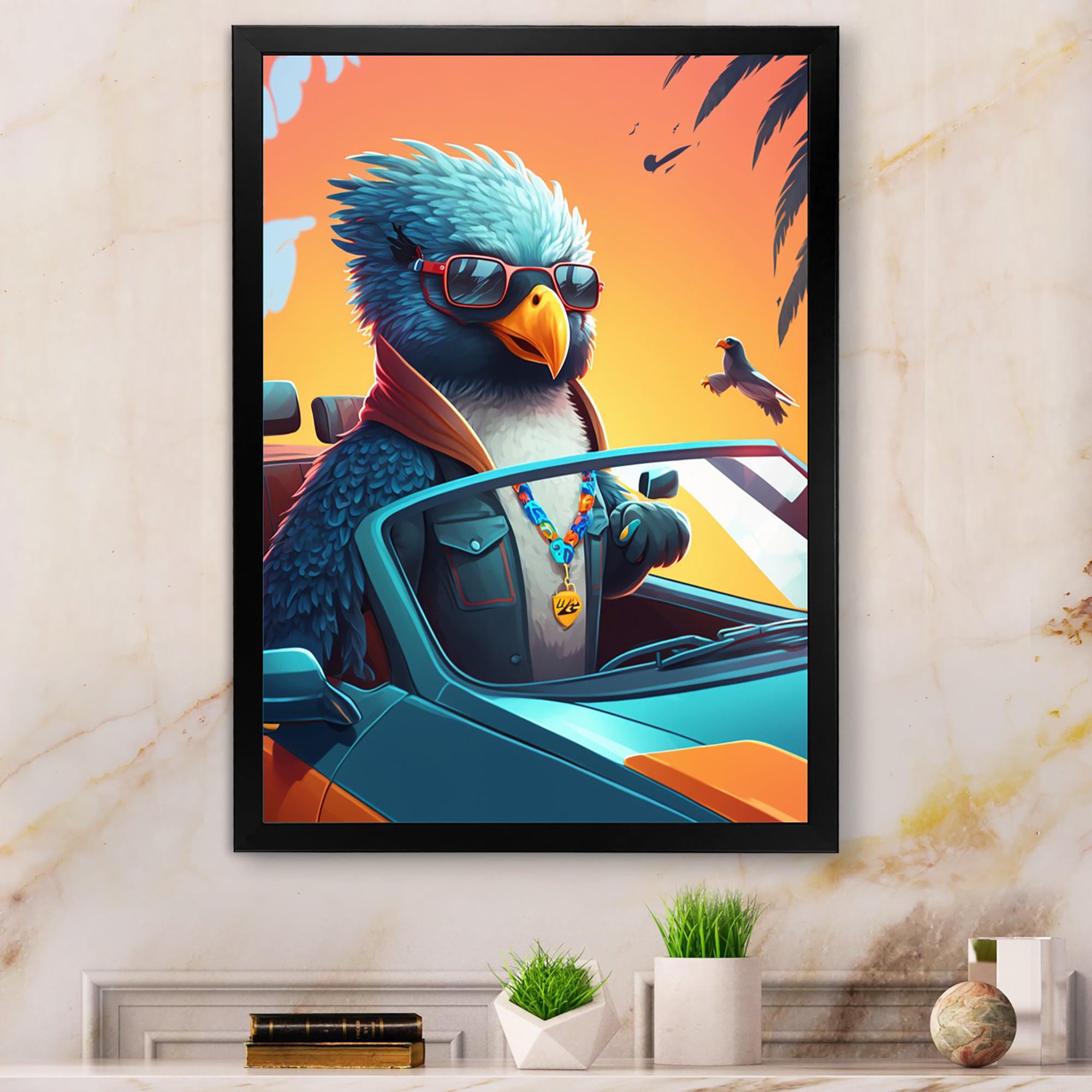 Blue Bird Wearing Sunglasses In Sportscar - Bird Fashion Home Decor Art