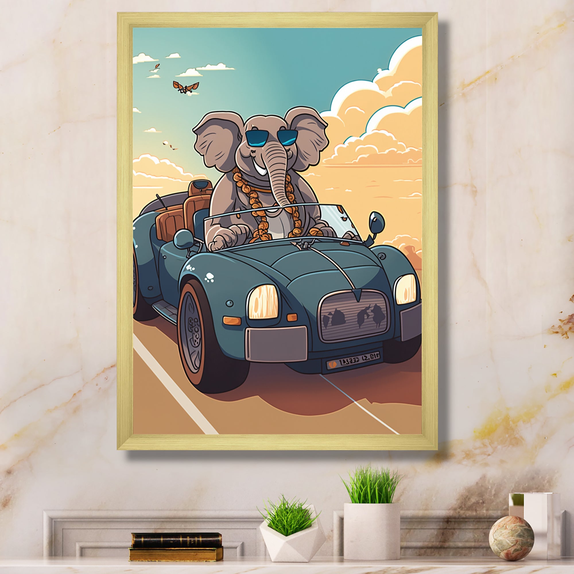 Grey Elephant Wearing Sunglasses in Sportscar - Elephant Fashion Living Room Wall Art