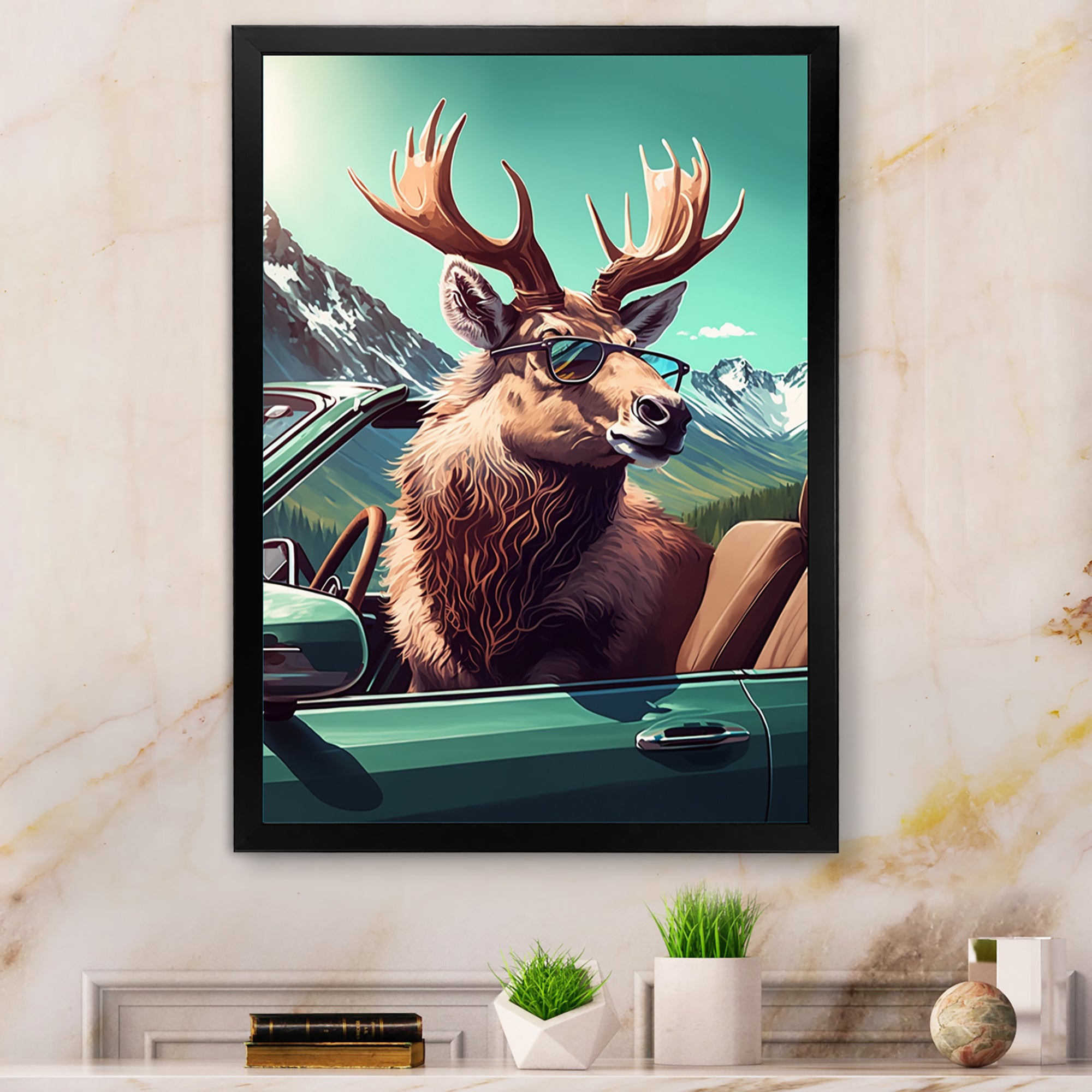 Brown Elk Wearing Sunglasses In Sportscar - Deer Bedroom Wall Art