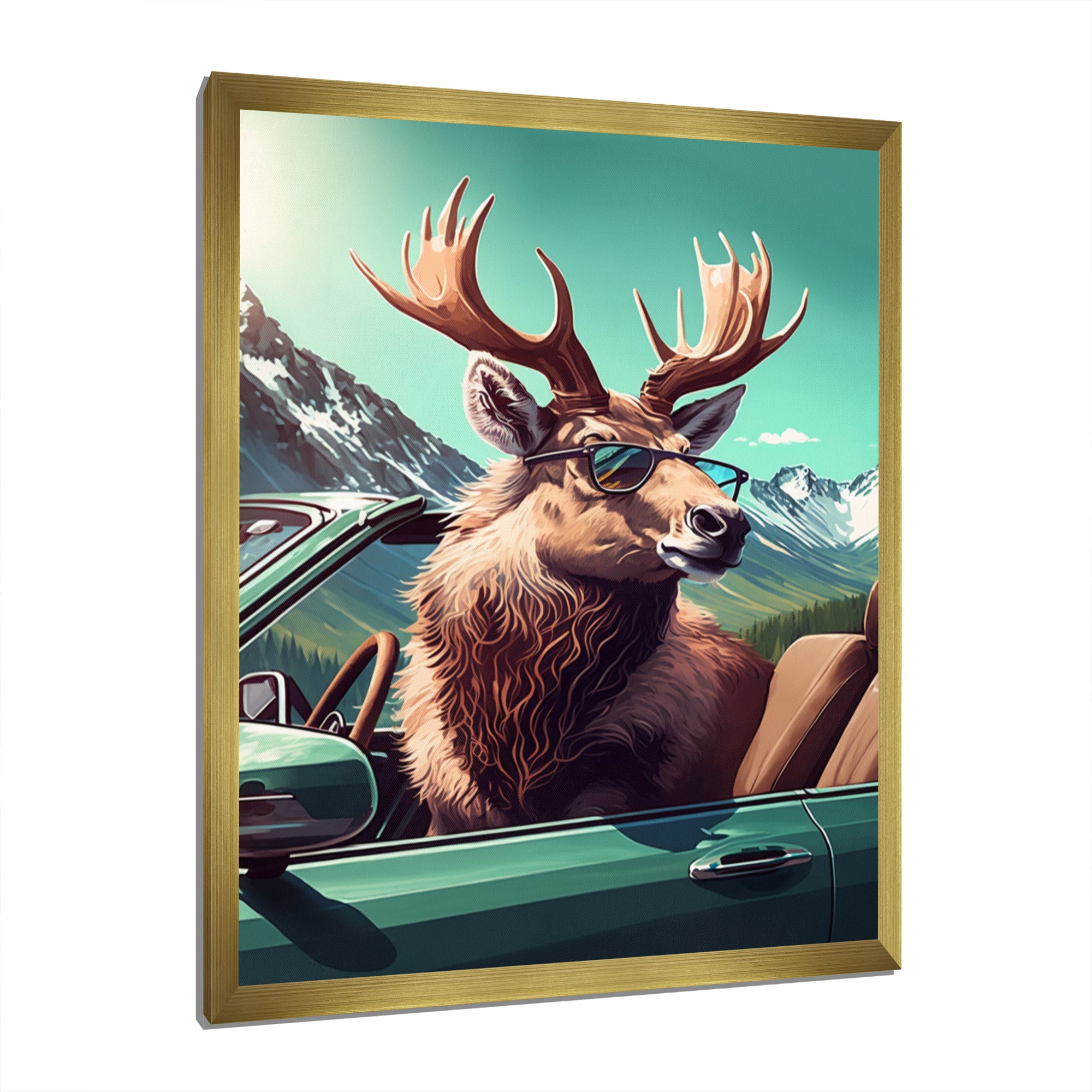 Brown Elk Wearing Sunglasses In Sportscar - Deer Bedroom Wall Art