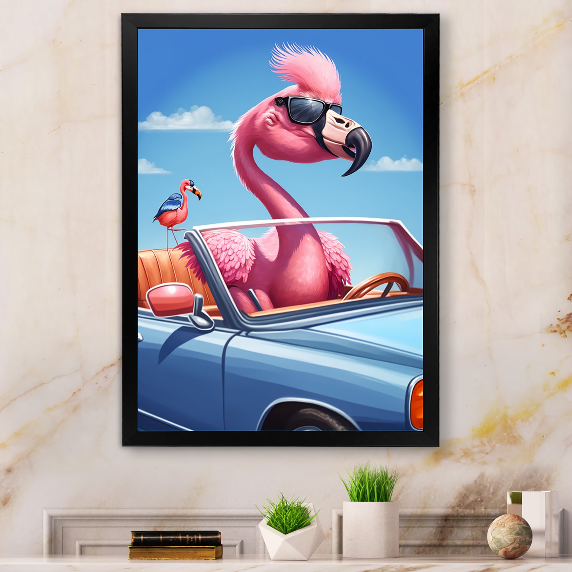 Pink Flamingo Wearing Sunglasses In Sportscar - Flamingo Canvas Wall Art