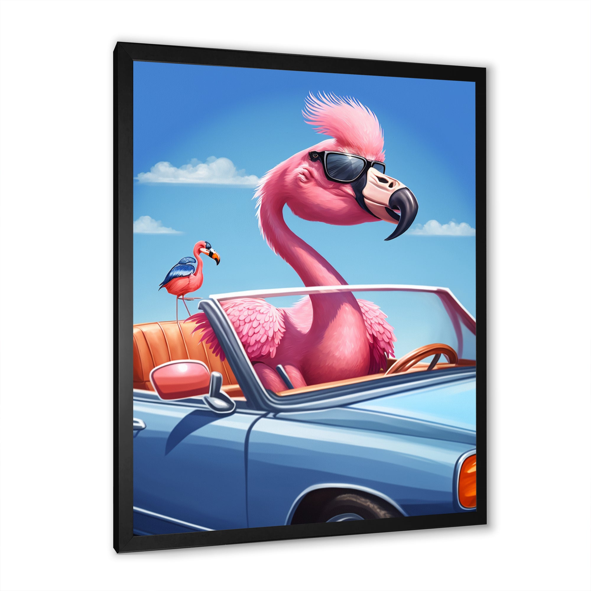 Pink Flamingo Wearing Sunglasses In Sportscar - Flamingo Canvas Wall Art