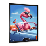 Pink Flamingo Wearing Sunglasses In Sportscar - Flamingo Canvas Wall Art