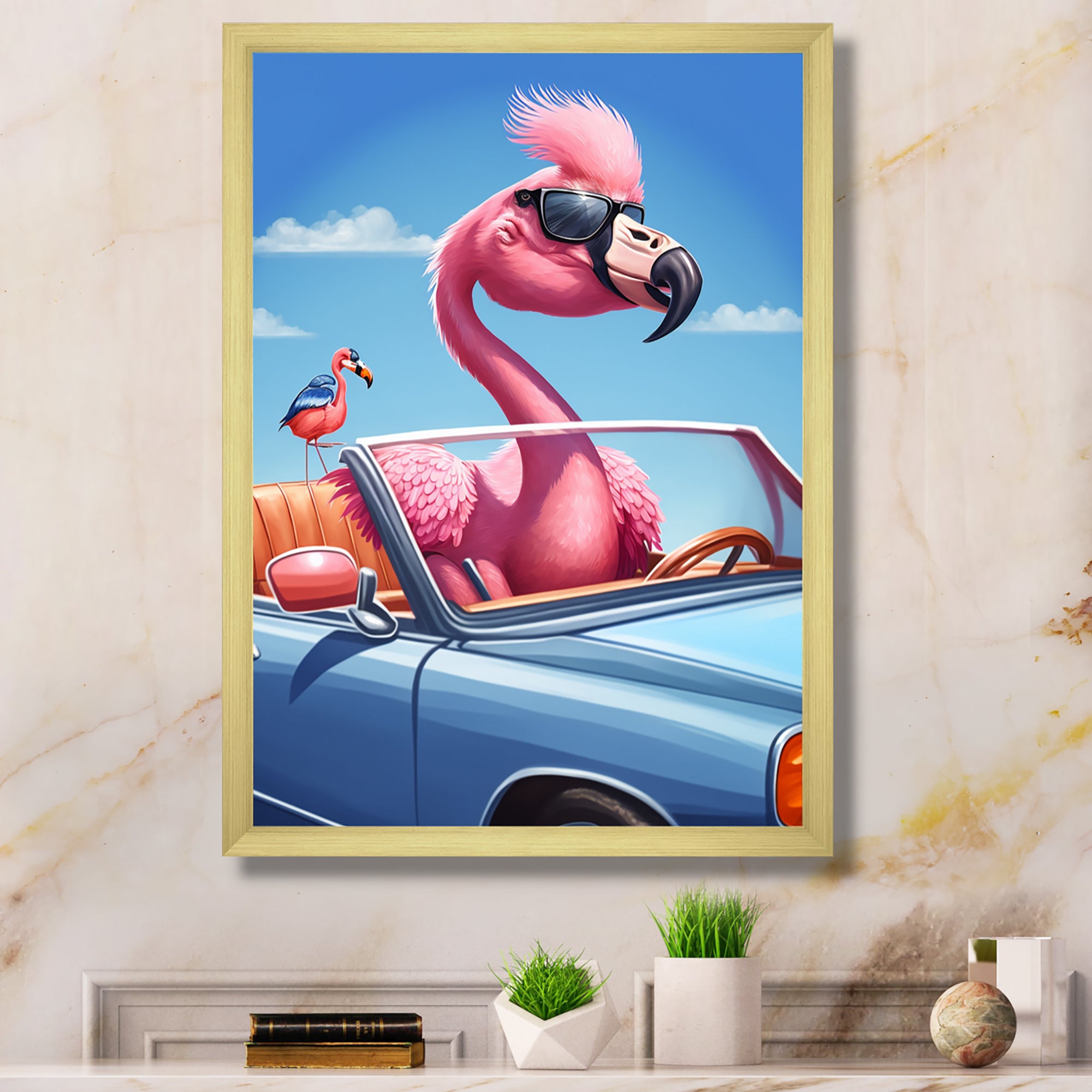 Pink Flamingo Wearing Sunglasses In Sportscar - Flamingo Canvas Wall Art